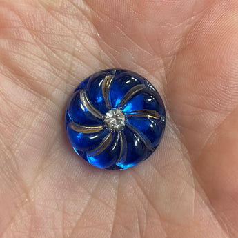 1 Vintage German Sapphire Blue Gold Flower Glass Cabochon #9318