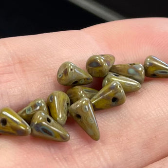 12 Green Picasso Czech Spike Glass Beads