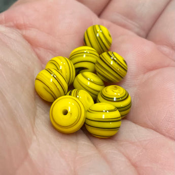 10 Vintage Japan Yellow Striped Round Glass Beads #9207