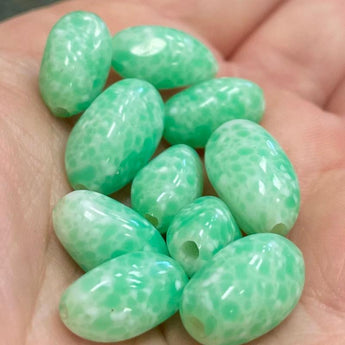 10 Vintage Mottled White Sea Green Japan Oval Glass Beads