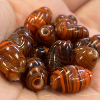 12 Vintage Handmade Striped Orange Japan Oval Glass Beads