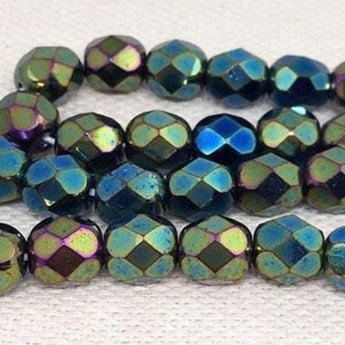 50 Metallic Green Iris Czech Faceted Glass Beads