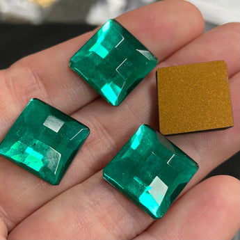 4 Vintage Faceted Emerald Square Glass Cabochons #8089