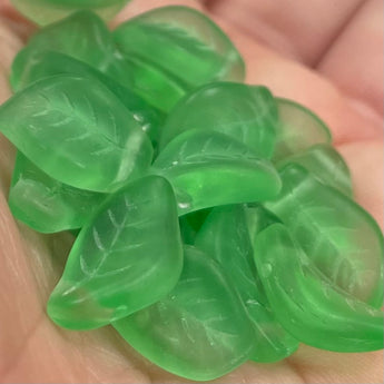 25 Vintage Czech Frosted Green Leaf Glass Beads #2282