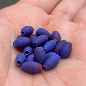 25 Vintage Matte Blue Red Striped Japan Oval Glass Beads #6070