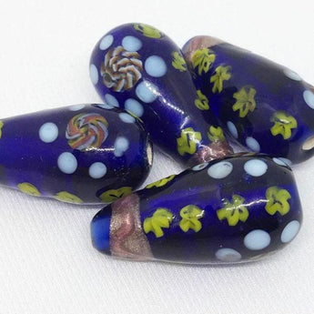 4 Vintage Handmade Cobalt Teardrop Glass Beads Abstract