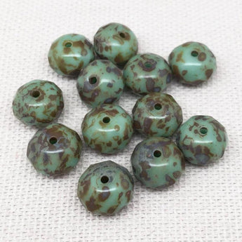 12 Green Picasso Czech Rondelle Glass Beads