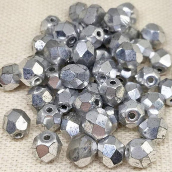 50 Metallic Silver Czech Faceted Glass Beads