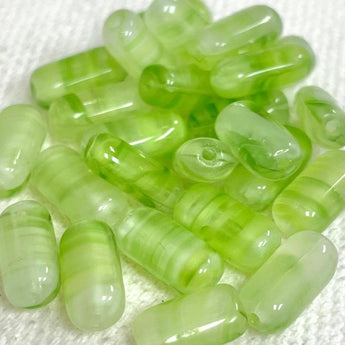 25 Vintage Striped Green Oval Glass Beads #8052