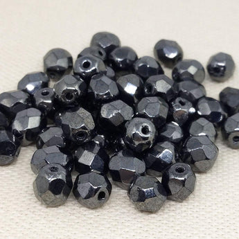 50 Black Gunmetal Czech Faceted Glass Beads 6mm