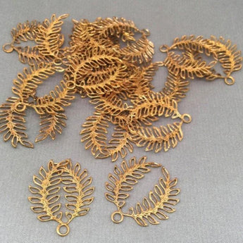 10 Vintage Double Feather Leaf Brass Charm Metal Pendants