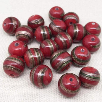 20 Vintage Red Round Glass Beads Metallic Striping