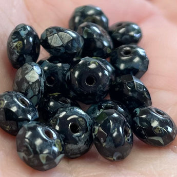 50 Black Picasso Czech Rondelle Faceted Glass Beads