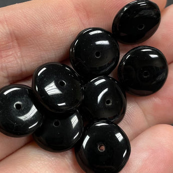 24 Vintage Black Rondelle Smooth Glass Beads 12mm