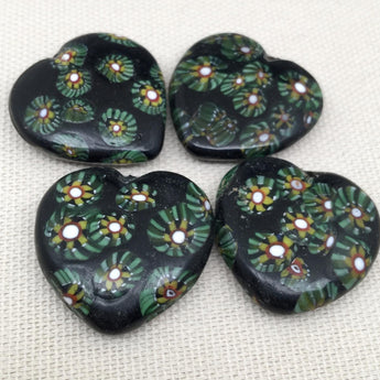 4 Vintage Black Green Millefiori Heart Glass Beads