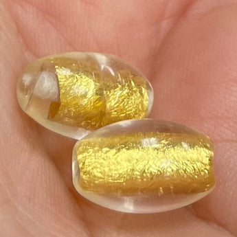 2 Vintage Handmade Clear Gold Foil Italian Oval Glass Beads