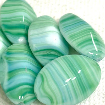 6 Vintage Striped Green Oval Glass Beads #8861