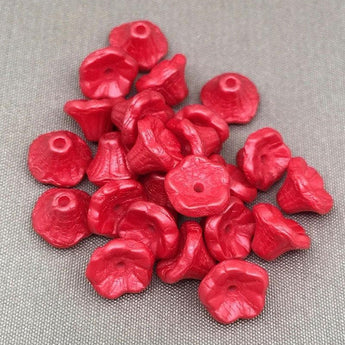 25 Coral Red Czech Bell Flower Glass Beads