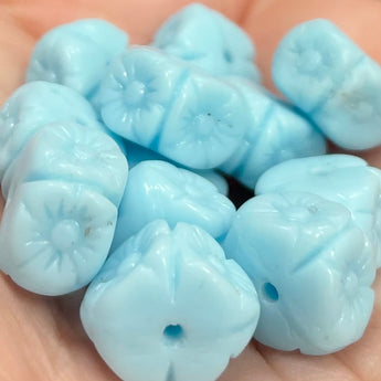 12 Vintage Baby Blue Czech Etched Flower Glass Beads