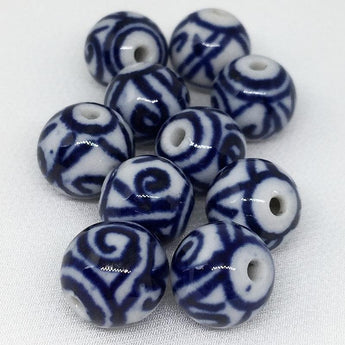 10 Vintage White Blue Swirl Porcelain Round Beads