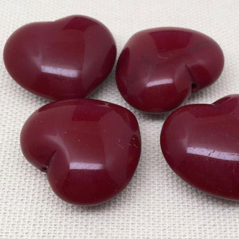 4 Vintage Burgundy Red Czech Glass Hearts Partially Drilled