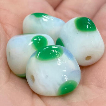 4 Vintage Japan White Opal Green Dot Glass Beads #9283