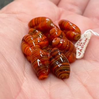 10 Vintage Japan Orange Brown Striped Oval Glass Beads #2927