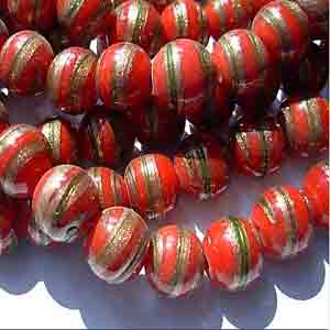 10 Vintage Round Red Striped Glass Beads #3979