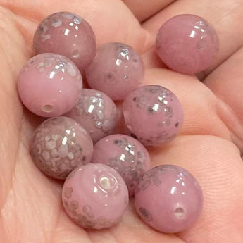 10 Vintage Pink Mottled Silver Gray Round Glass Beads #2758