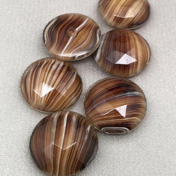 6 Vintage Brown Striped Faceted Round Glass Stones