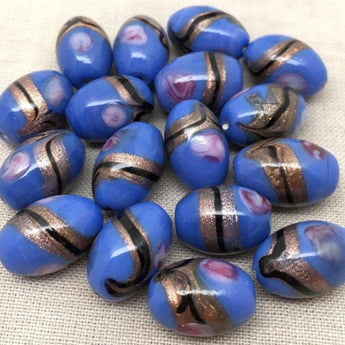 10 Vintage Handmade Cornflower Blue Oval Glass Beads