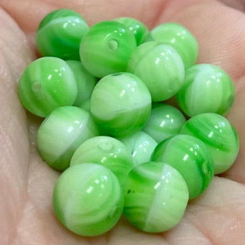 25 Vintage Striped Green Czech Round Glass Beads #4823