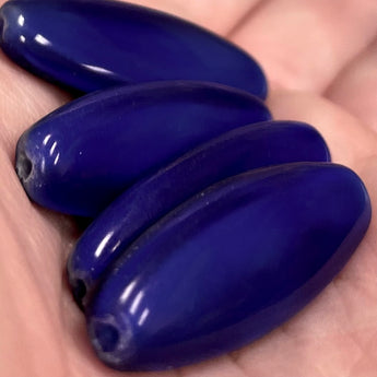 4 Vintage Long Blue Slag Oval Glass Beads #8814