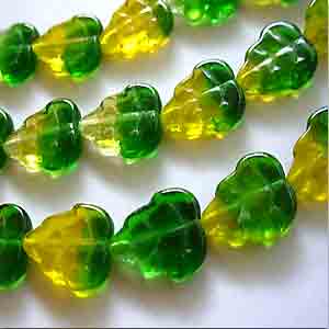 25 Vintage Czech Yellow Green Leaf Glass Beads #9479