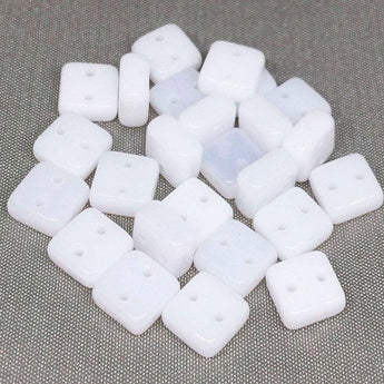 25 Opalescent White Two Hole Square Czech Chexx Glass Beads