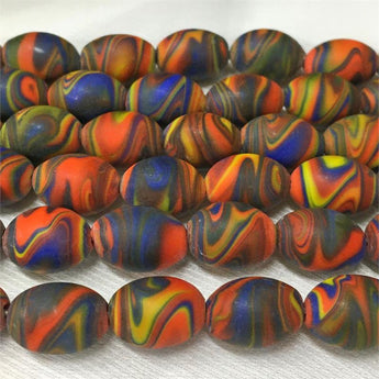 10 Vintage Matte Japan Crazy Colorful Swirly Oval Glass Beads #9103