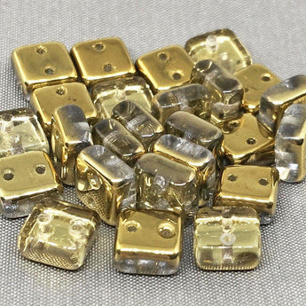 25 Metallic Gold Two Hole Czech Chexx Square Glass Beads