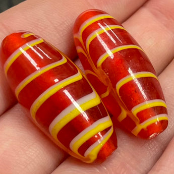 2 Vintage Transparent Red African Trade Oval Glass Beads