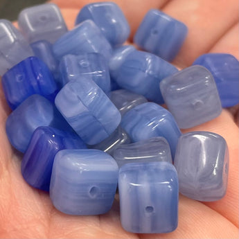 25 Mixed Striped Blue Czech Cube Glass Beads