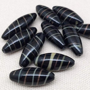 10 Vintage Handmade Black Spindle Oval Glass Beads