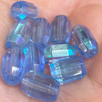 10 Vintage AB Sapphire Blue Barrel Faceted Glass Beads