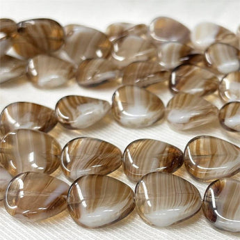 8 Vintage German Cream Brown Striped Wavy Oval Glass Beads #9583