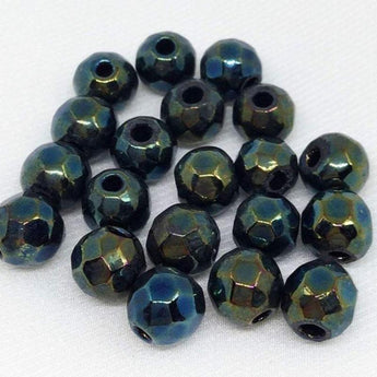 20 Vintage Metallic Iris Green Faceted Round Glass Beads