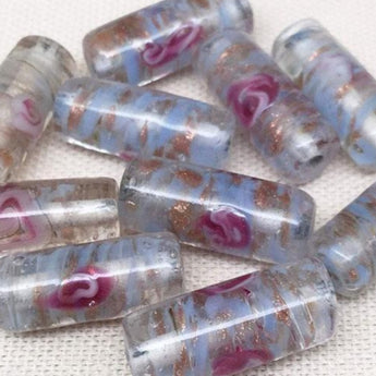 10 Vintage Sapphire Blue Rose Metallic Cylindrical Glass Beads #4657