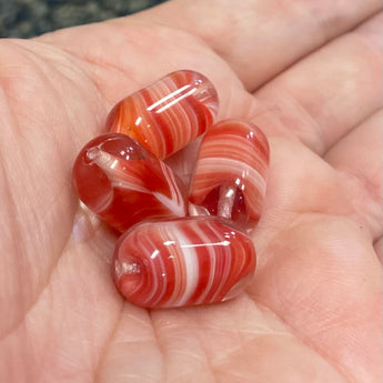 4 Vintage Red White Striped Oval Glass Beads #8624