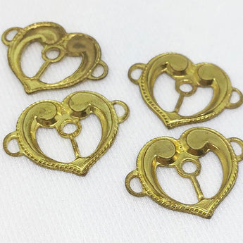 10 Vintage Brass Heart Connectors Bezel Sew On