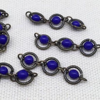 6 Vintage Brass Blue Glass Bead Chain Links