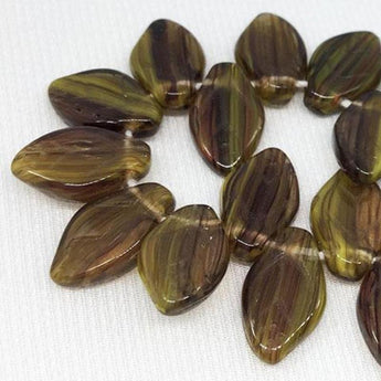 25 Pink Yellow Brown Striped Czech Leaf Glass Beads