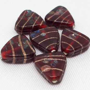 6 Vintage Striped Siam Red Triangle Glass Beads