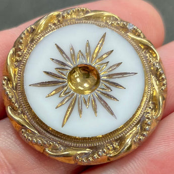 1 Vintage Fancy Gold White Round Glass Cabochon #9570